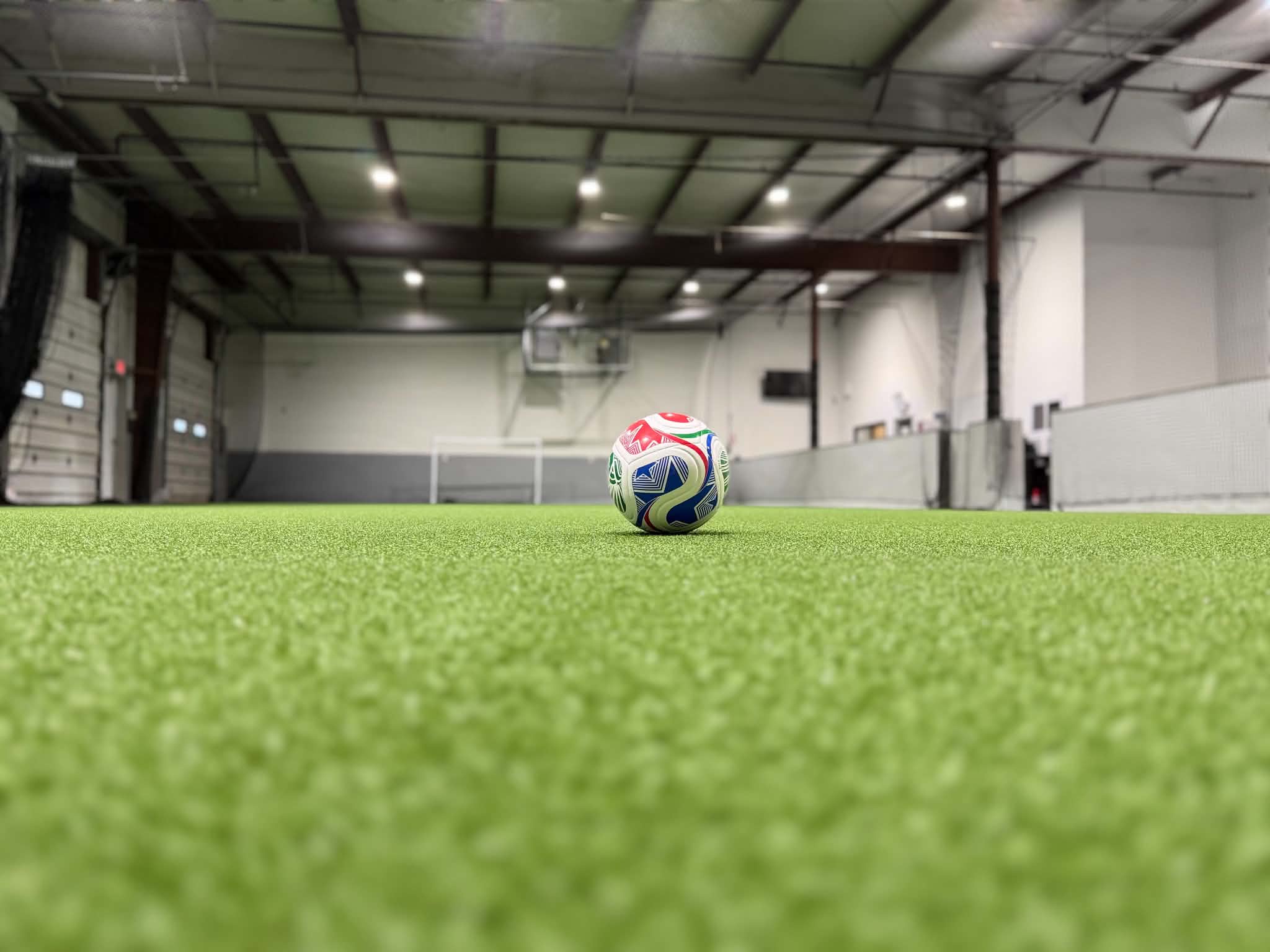 Soccer ball on the indoor turf at KG Elite Sports